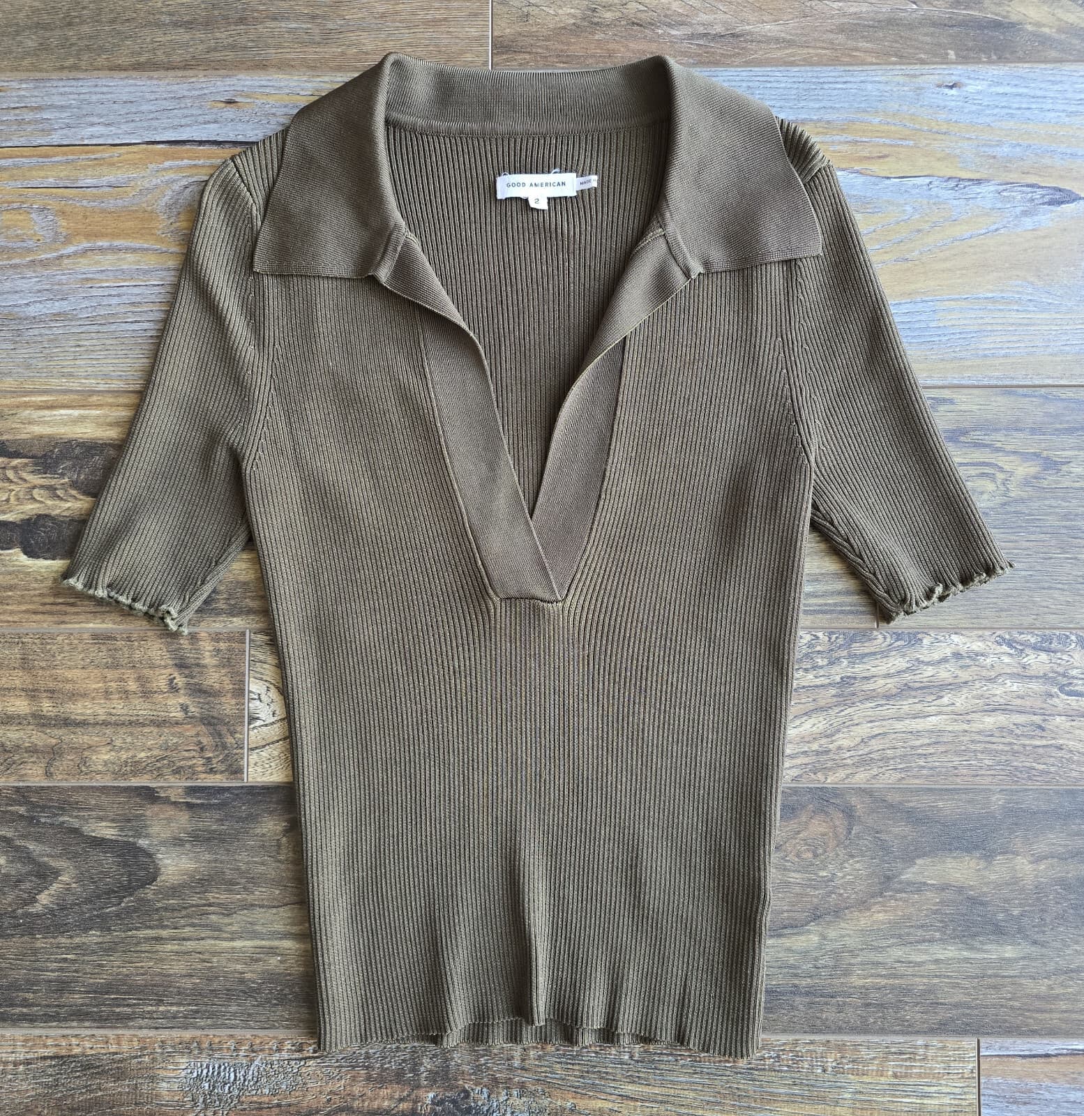 Good American Plait Rib Knit Polo Shirt Short Sleeve Stretch Green Women 2 (10) - Thumbnail 7