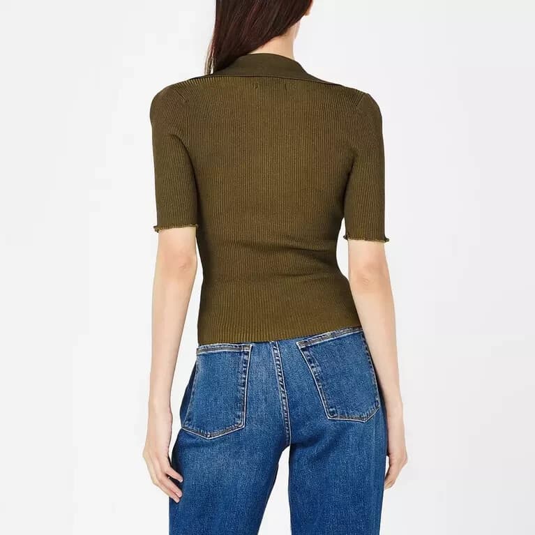 Good American Plait Rib Knit Polo Shirt Short Sleeve Stretch Green Women 2 (10) - Thumbnail 9