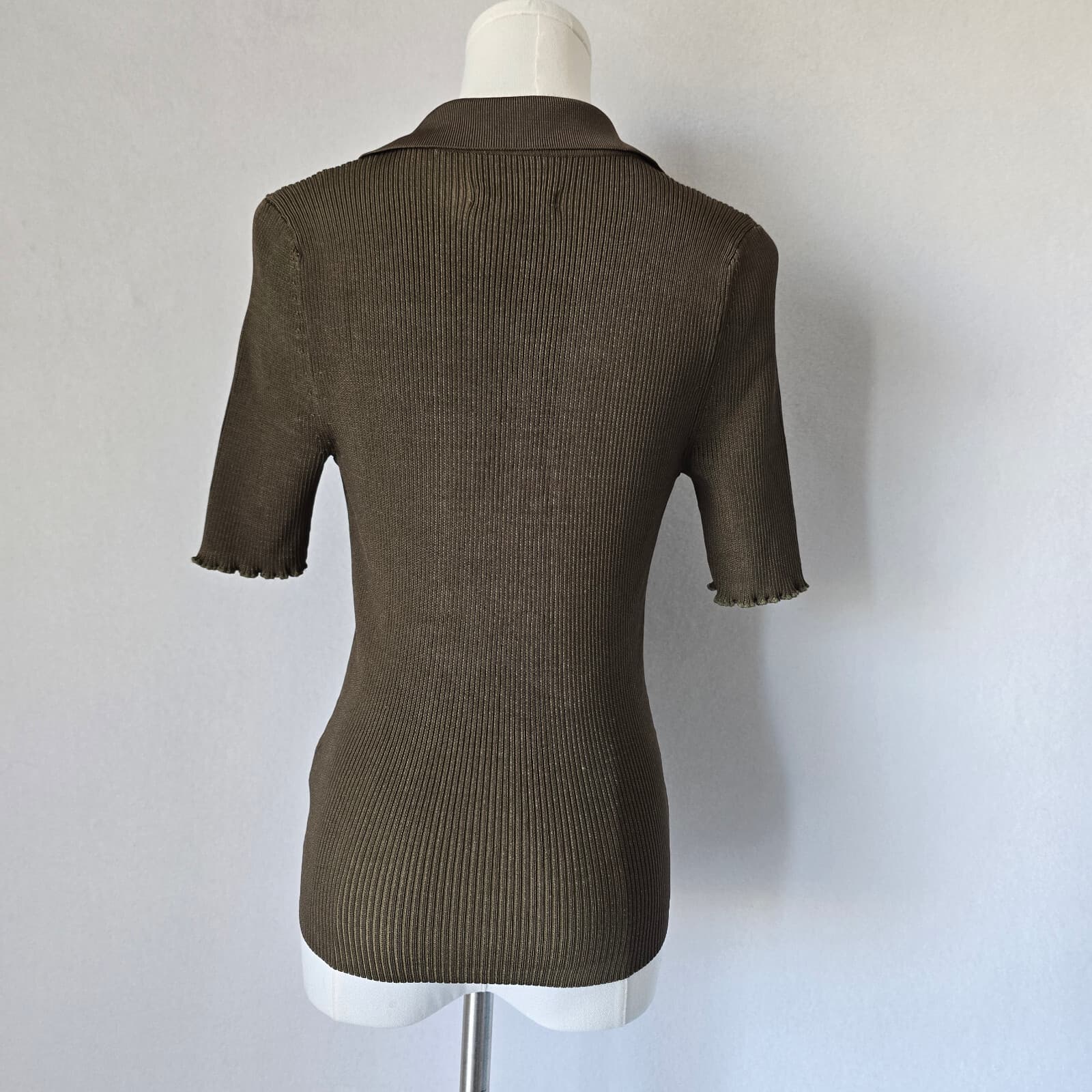 Good American Plait Rib Knit Polo Shirt Short Sleeve Stretch Green Women 2 (10) - Thumbnail 10