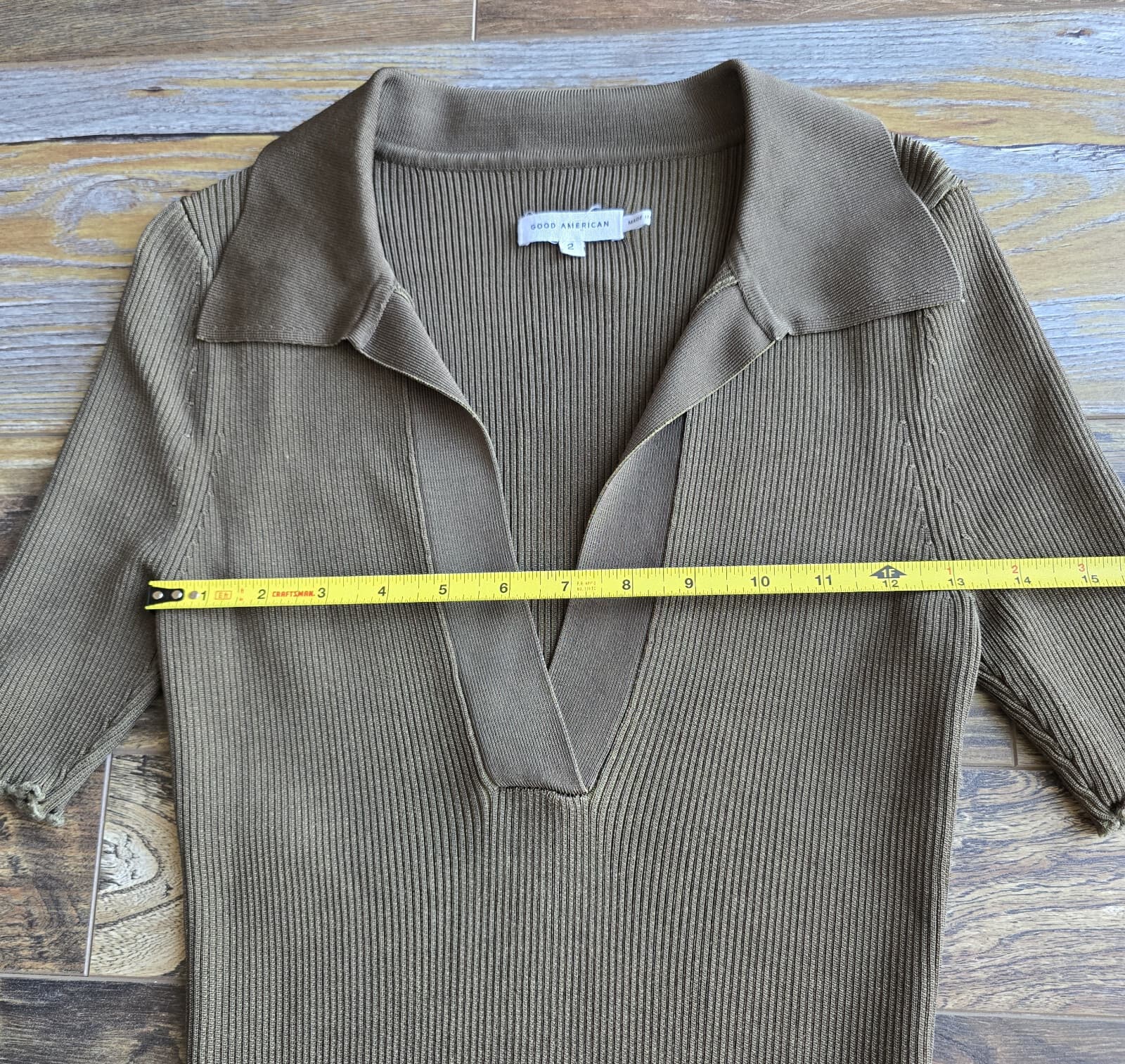 Good American Plait Rib Knit Polo Shirt Short Sleeve Stretch Green Women 2 (10) - Thumbnail 14