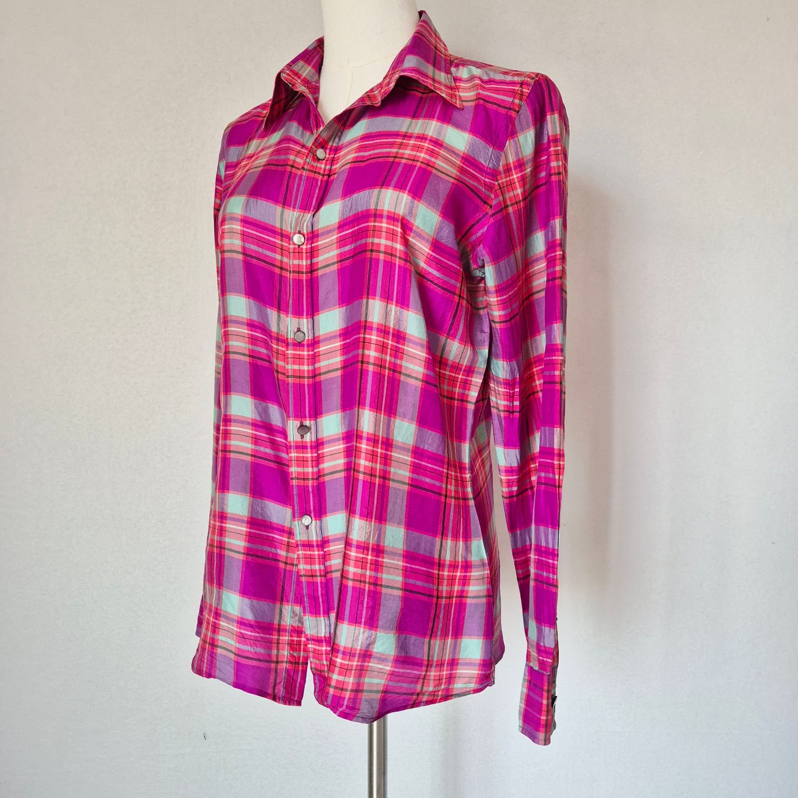 Vintage Ralph Lauren Sport Silk Pink Plaid Button-Up Shirt Long Sleeve Womens 10 - Thumbnail 2
