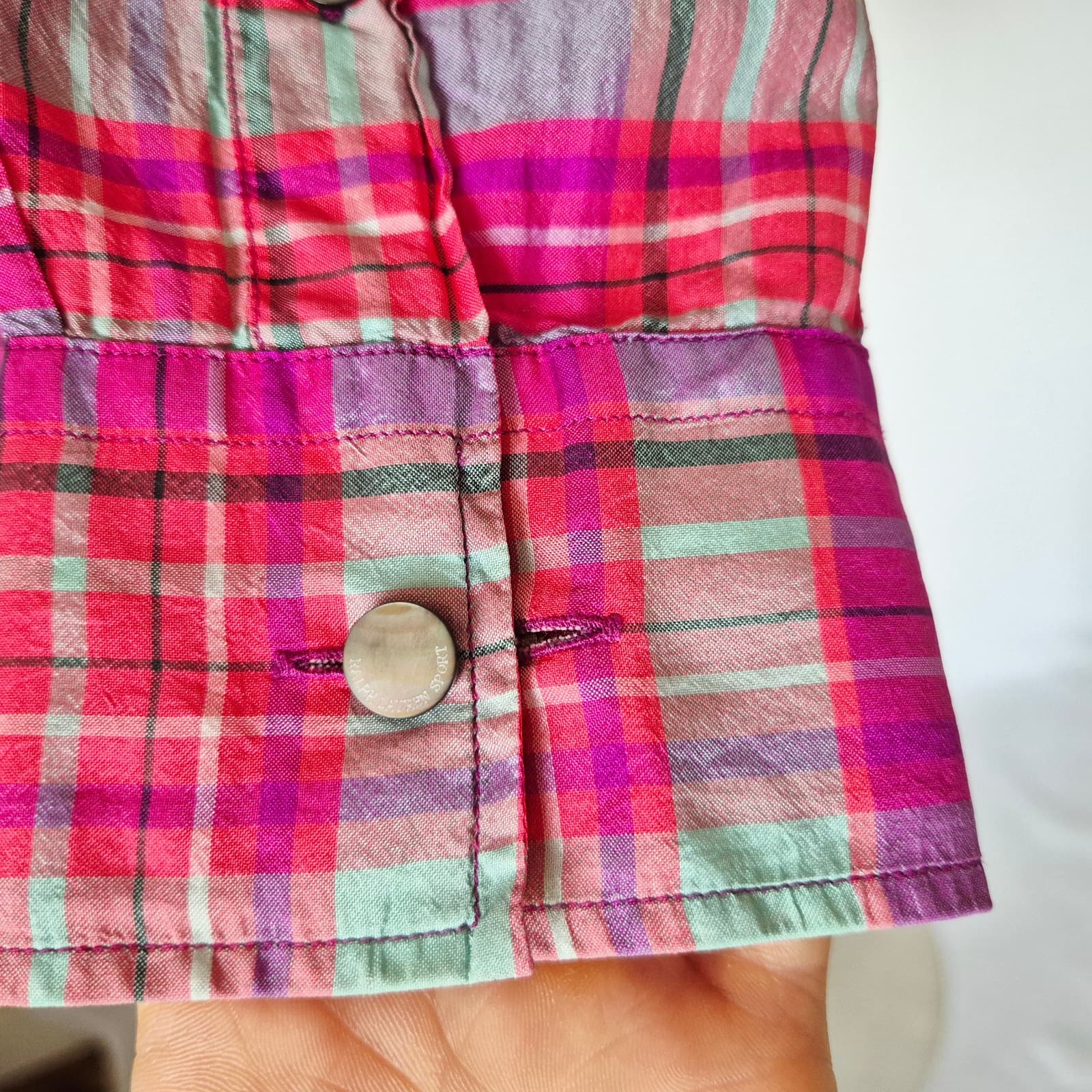Vintage Ralph Lauren Sport Silk Pink Plaid Button-Up Shirt Long Sleeve Womens 10 - Thumbnail 4
