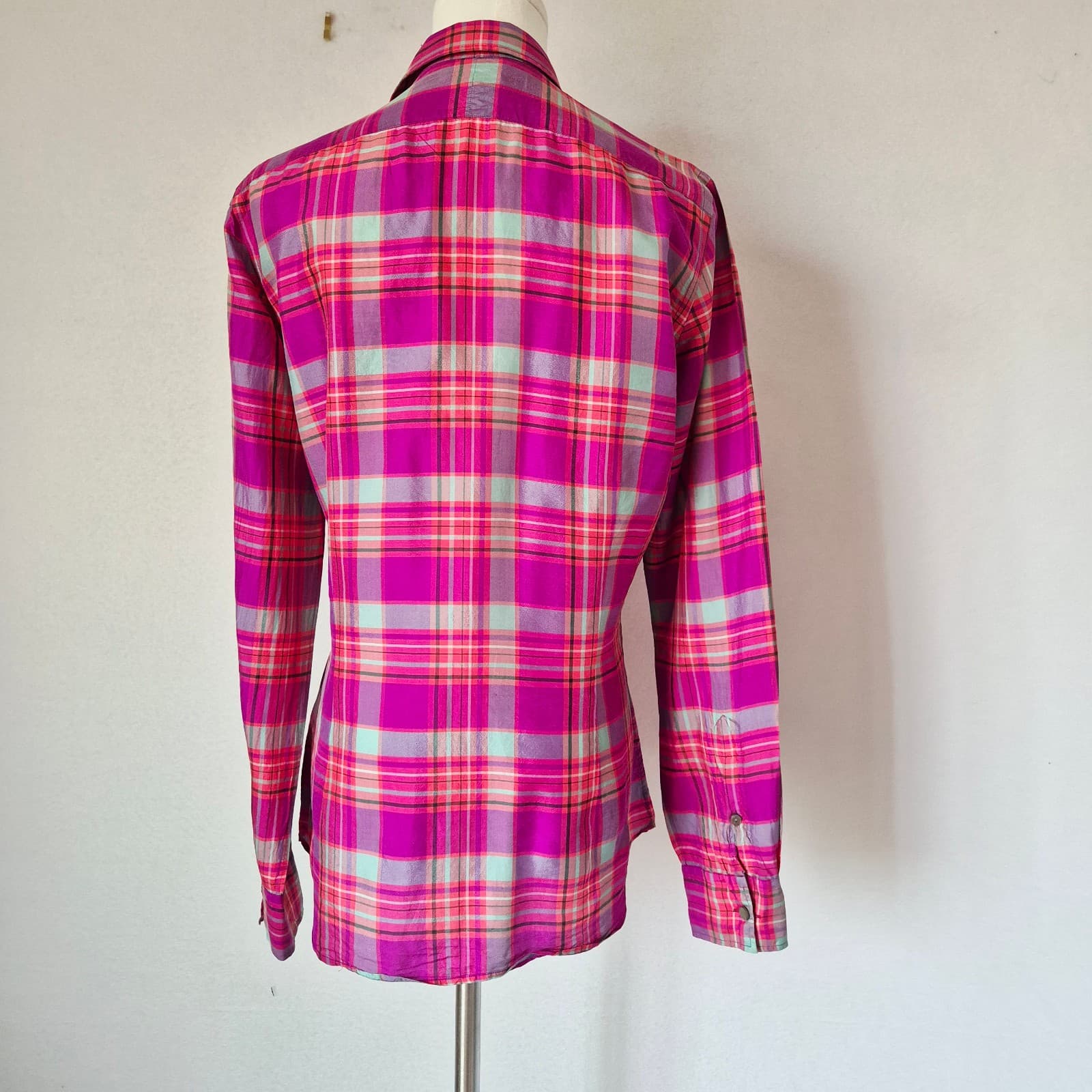Vintage Ralph Lauren Sport Silk Pink Plaid Button-Up Shirt Long Sleeve Womens 10 - Thumbnail 7