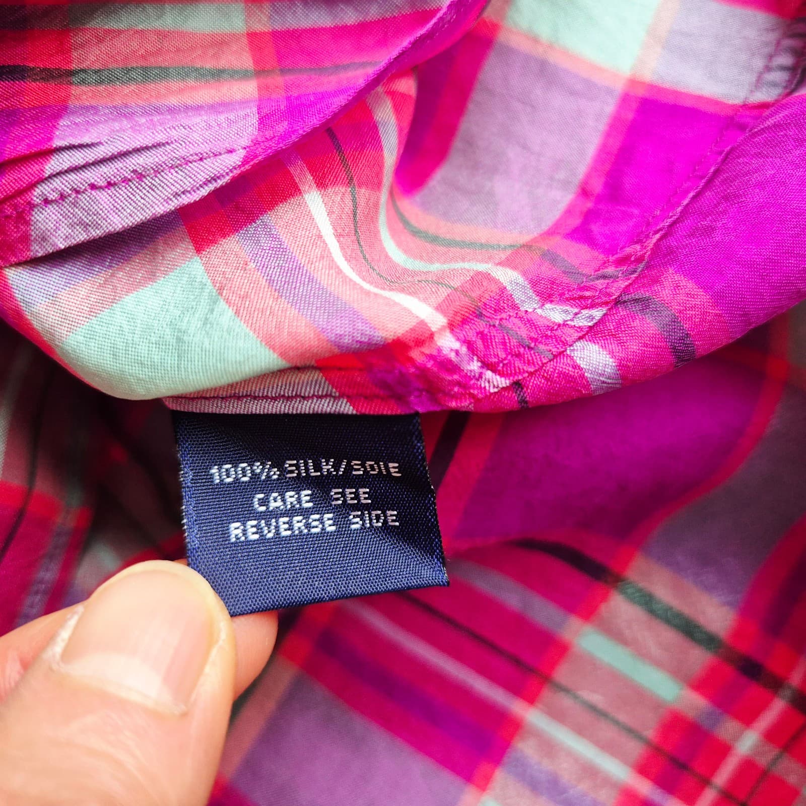 Vintage Ralph Lauren Sport Silk Pink Plaid Button-Up Shirt Long Sleeve Womens 10 - Thumbnail 9
