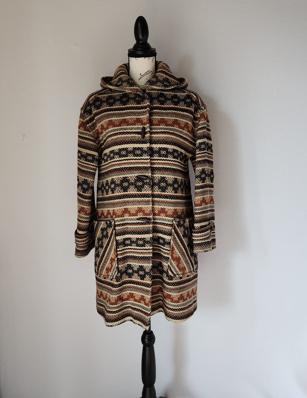 Vintage Pendleton Limited Blanket Wool Hooded Aztec Western Long Line Coat S/M - Thumbnail 5