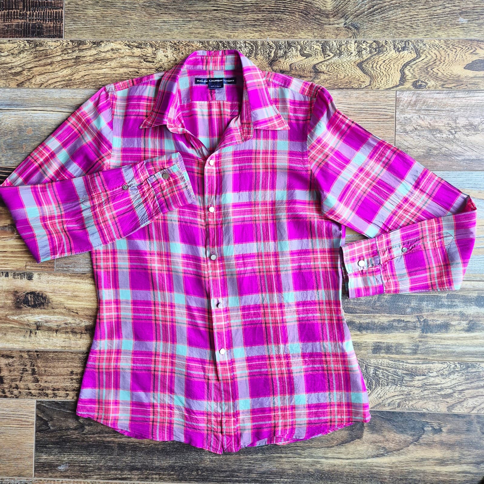 Vintage Ralph Lauren Sport Silk Pink Plaid Button-Up Shirt Long Sleeve Womens 10 - Thumbnail 3