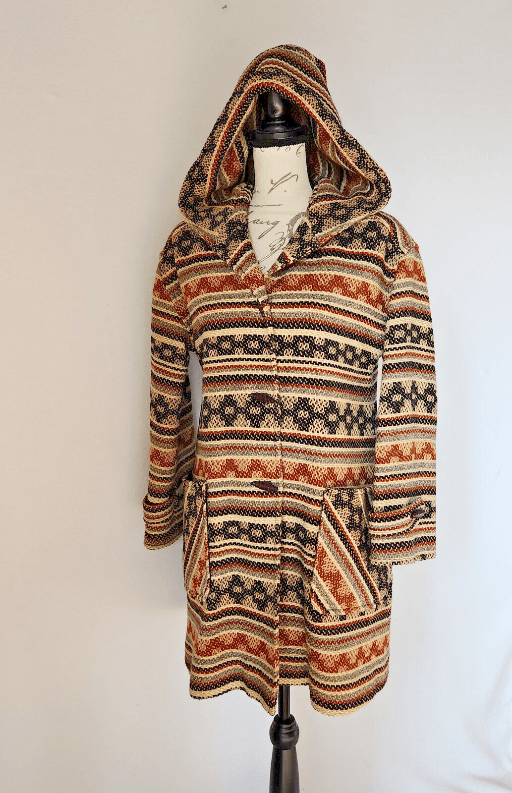 Vintage Pendleton Limited Blanket Wool Hooded Aztec Western Long Line Coat S/M - Thumbnail 2