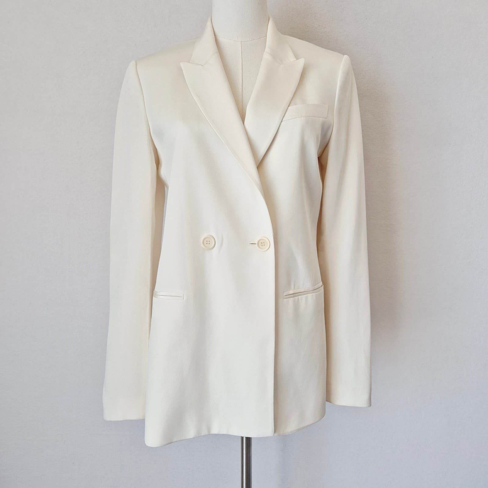 Theory Jannison 100% Silk Double-Breasted Blazer Pocket Lined White-Rice Sz.6 - Thumbnail 4