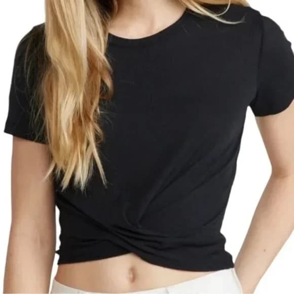 Marine Layer Front Twist Ribbed Knit Crew T-Shirt Short Sleeve Black Women's S - Thumbnail 3
