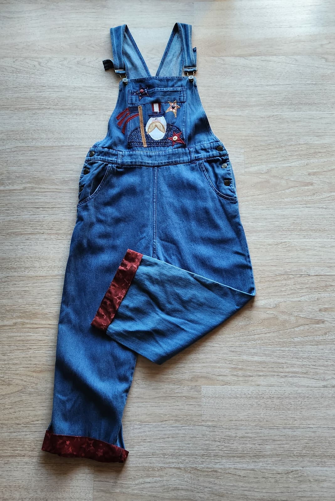 Vintage PTNY Embroidered Denim Overalls Cottage Adjustable Straps Blue Cotton XL - Thumbnail 2