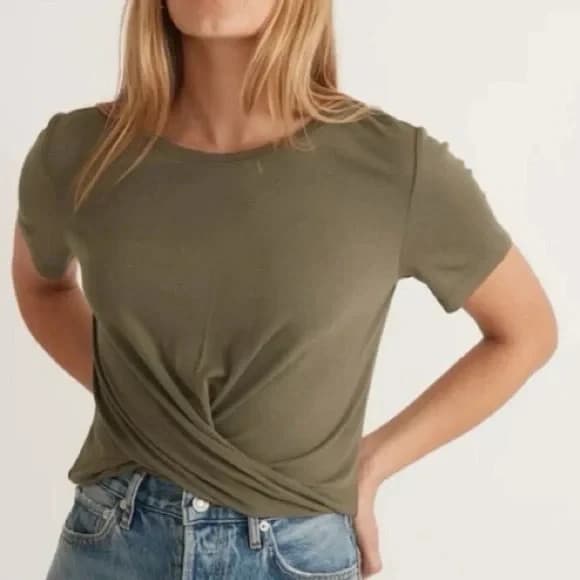 Marine Layer Front Twist Ribbed Knit Crew T-Shirt Short Sleeve Black Women's S - Thumbnail 5