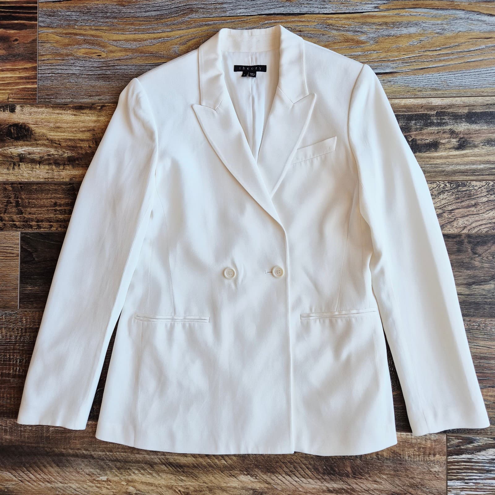 Theory Jannison 100% Silk Double-Breasted Blazer Pocket Lined White-Rice Sz.6 - Thumbnail 2