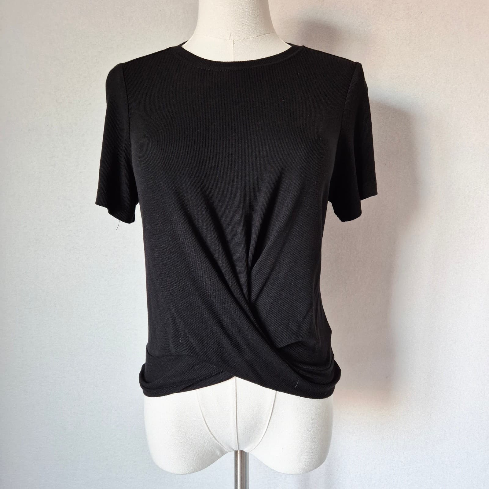 Marine Layer Front Twist Ribbed Knit Crew T-Shirt Short Sleeve Black Women's S - Thumbnail 4