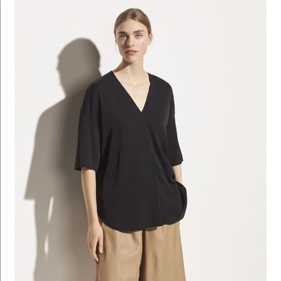 Vince Silk Stretch Satin Popover Tunic Top Short Sleeve V-Neck Black Women's XS - Thumbnail 2