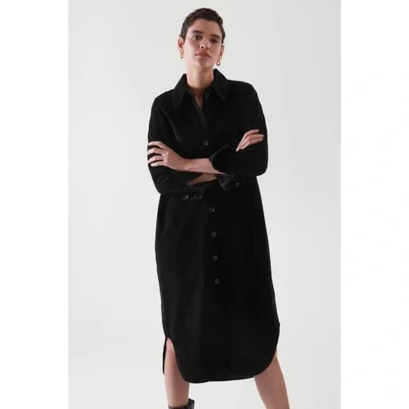 NWT COS Corduroy Button Down Long Sleeve Midi Shirt Dress Pocket Black Women US6 - Thumbnail 6