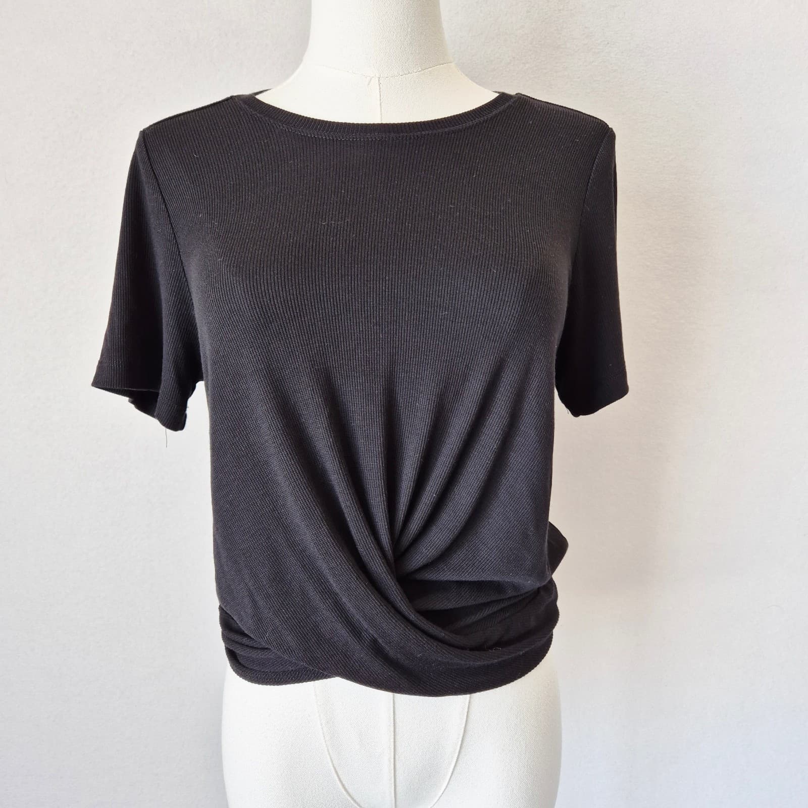 Marine Layer Front Twist Ribbed Knit Crew T-Shirt Short Sleeve Black Women's S - Thumbnail 2