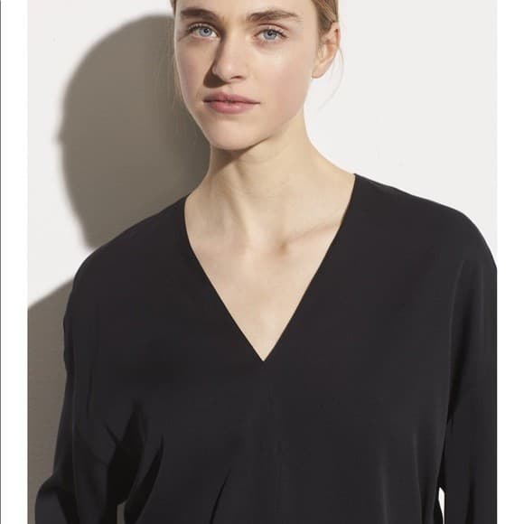 Vince Silk Stretch Satin Popover Tunic Top Short Sleeve V-Neck Black Women's XS - Thumbnail 4