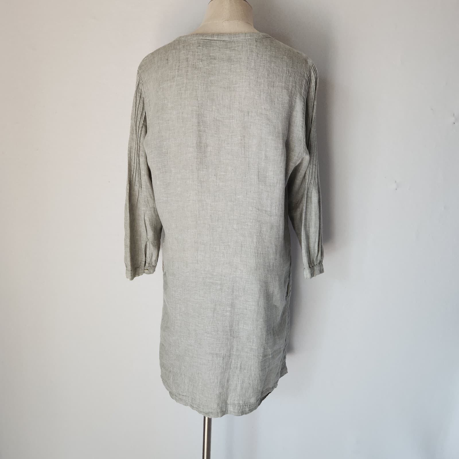 Tahari Linen Pintuck Mini Dress Long Sleeve Split Neck Pocket Cross Dye Grey L - Thumbnail 9