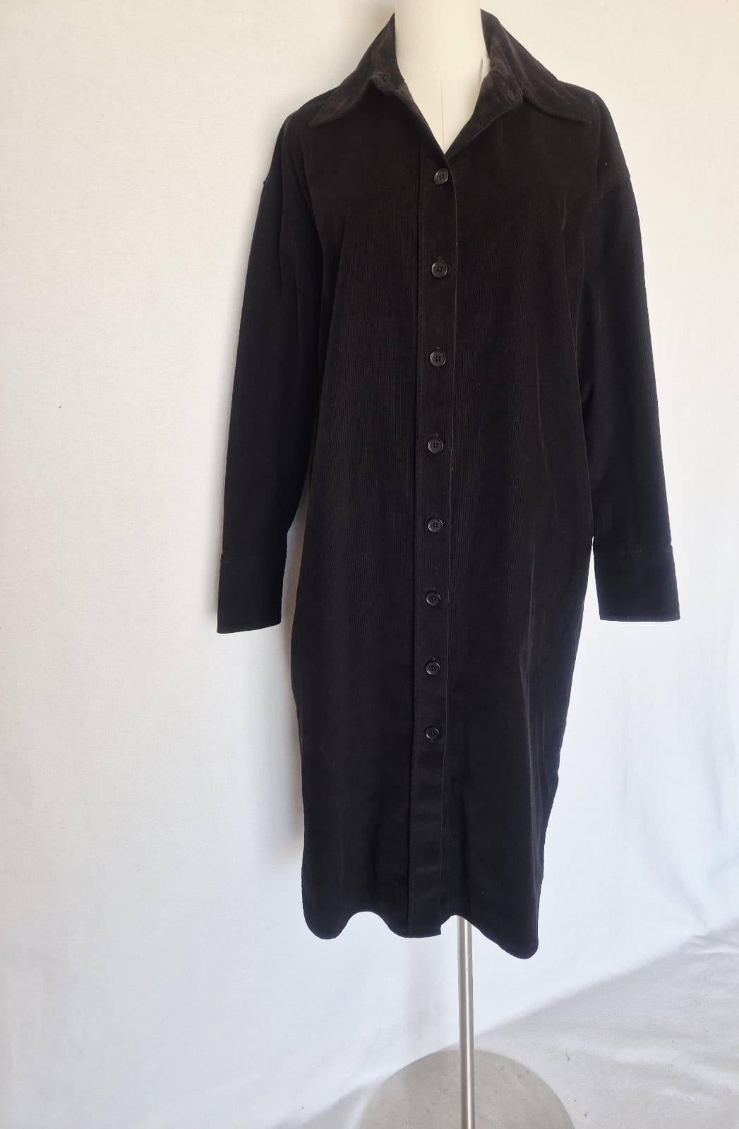 NWT COS Corduroy Button Down Long Sleeve Midi Shirt Dress Pocket Black Women US6 - Thumbnail 4