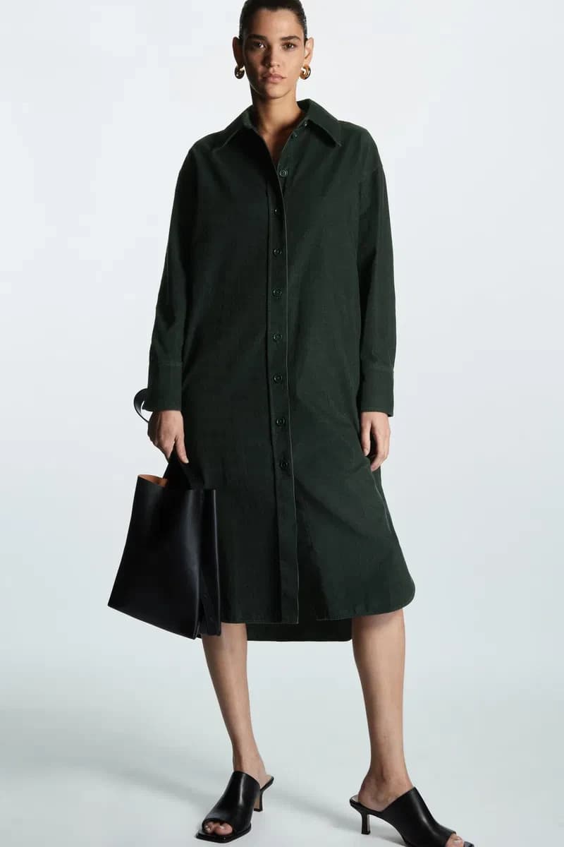 NWT COS Corduroy Button Down Long Sleeve Midi Shirt Dress Pocket Black Women US6 - Thumbnail 3