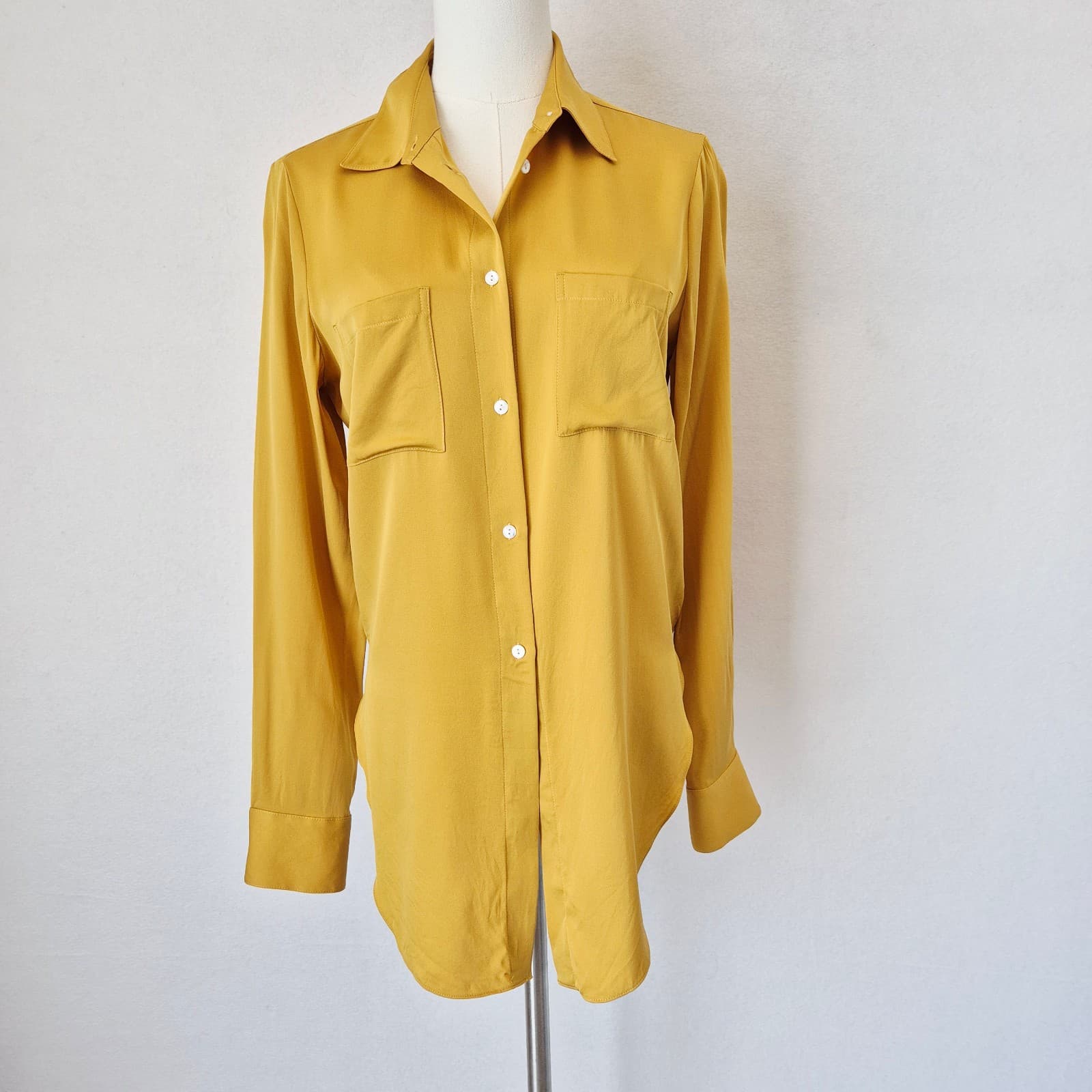 Theory Silk Blend Chiffon Tie-Front Button-Up Shirt Long Sleeve Yellow Women's S - Thumbnail 3