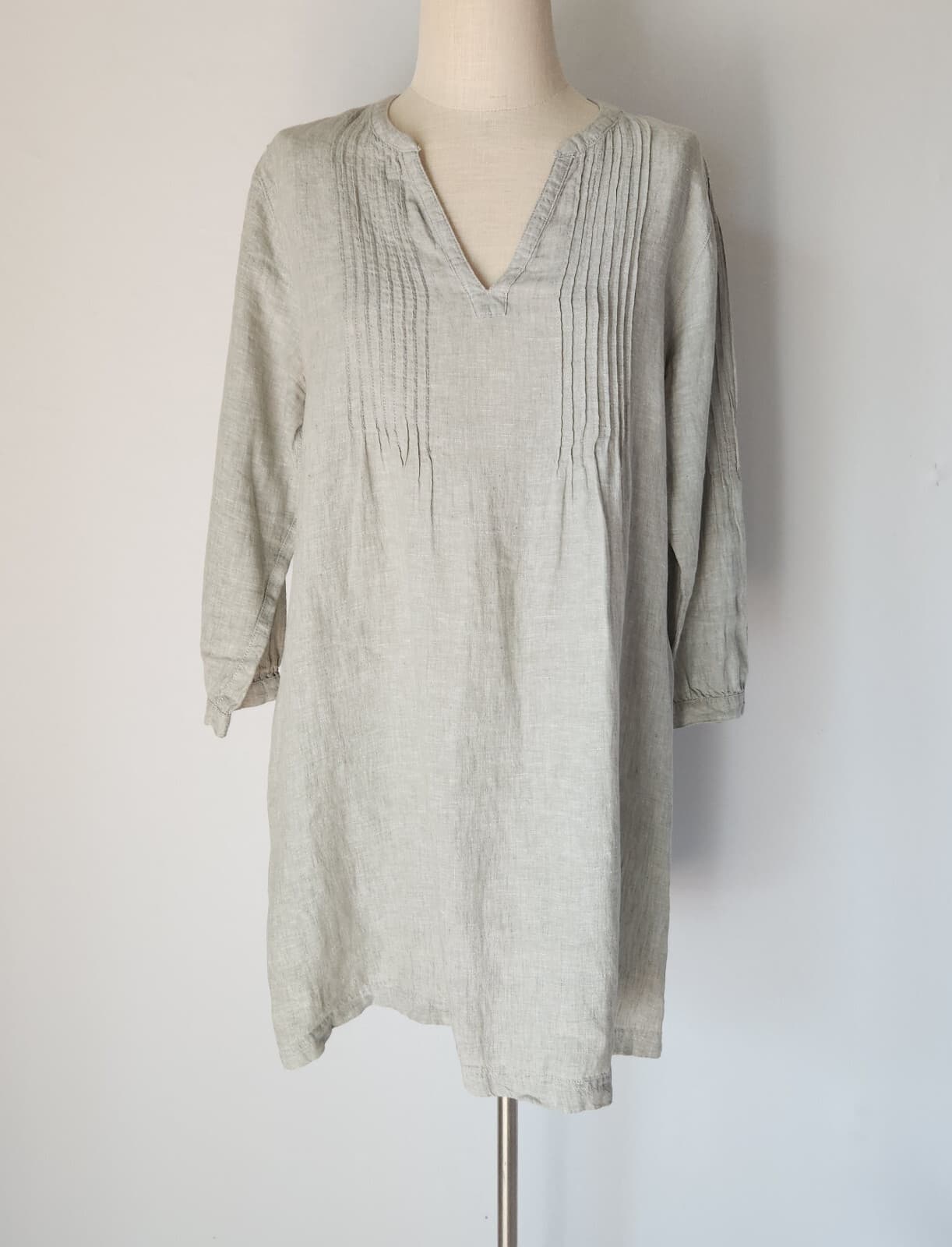 Tahari Linen Pintuck Mini Dress Long Sleeve Split Neck Pocket Cross Dye Grey L - Thumbnail 3
