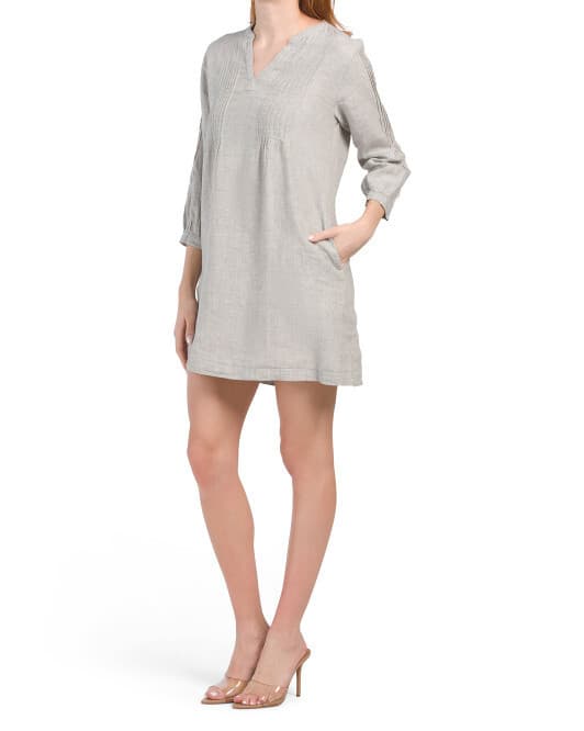 Tahari Linen Pintuck Mini Dress Long Sleeve Split Neck Pocket Cross Dye Grey L - Thumbnail 2