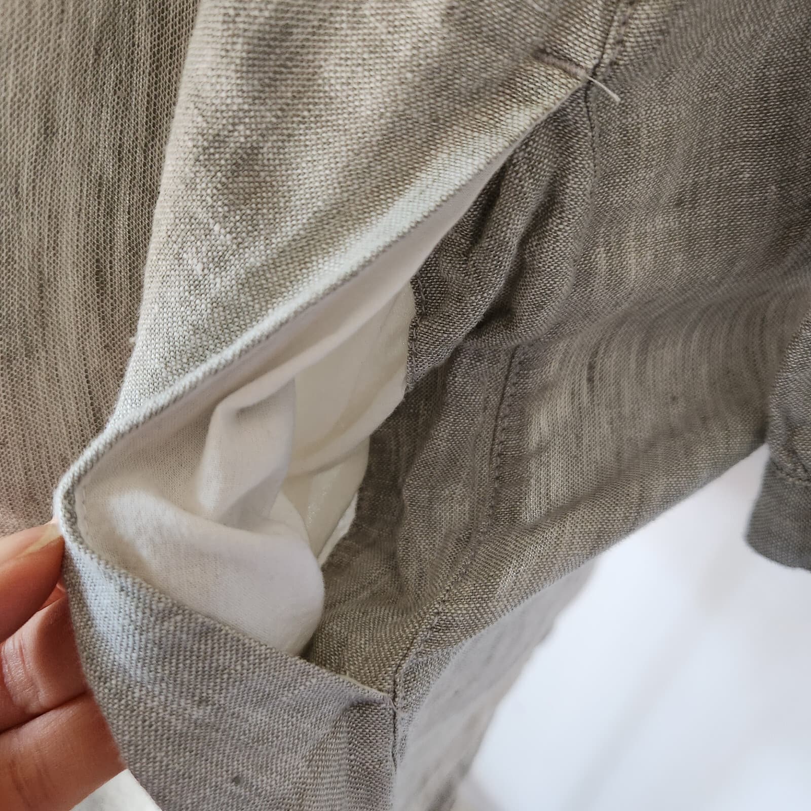 Tahari Linen Pintuck Mini Dress Long Sleeve Split Neck Pocket Cross Dye Grey L - Thumbnail 7