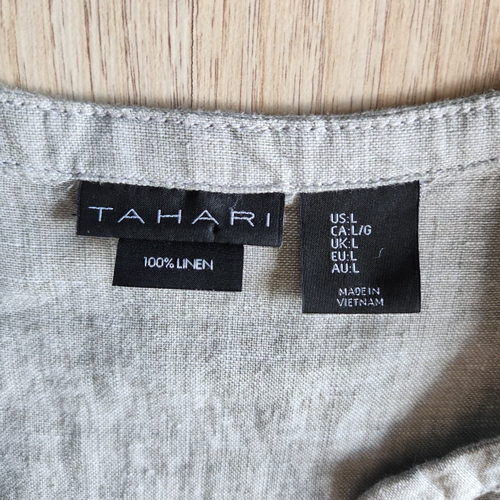 Tahari Linen Pintuck Mini Dress Long Sleeve Split Neck Pocket Cross Dye Grey L - Thumbnail 10