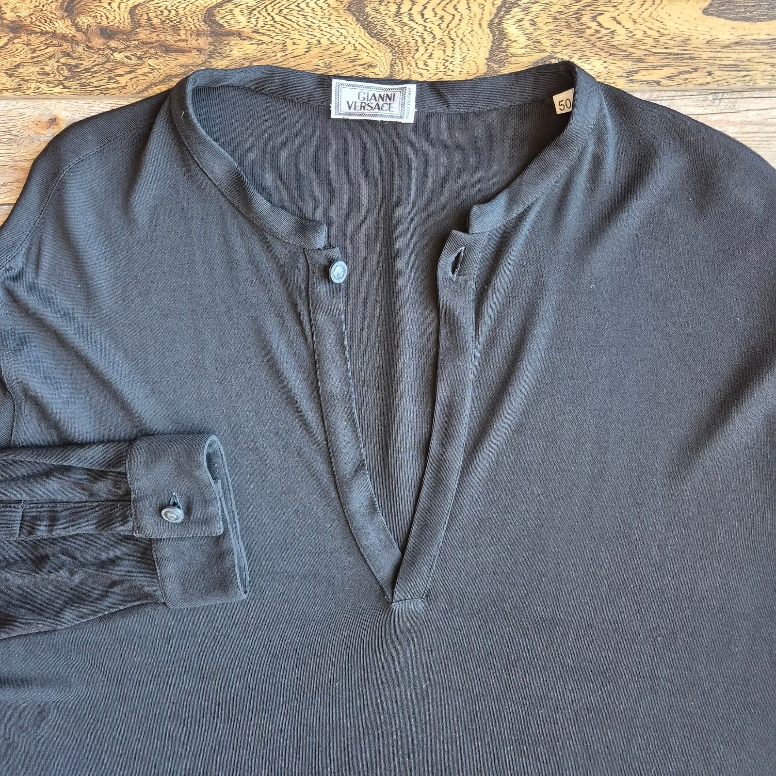 Vintage Gianni Versace Made in Italy Black Jersey Henley Top Long Sleeve Sz.50 - Thumbnail 5
