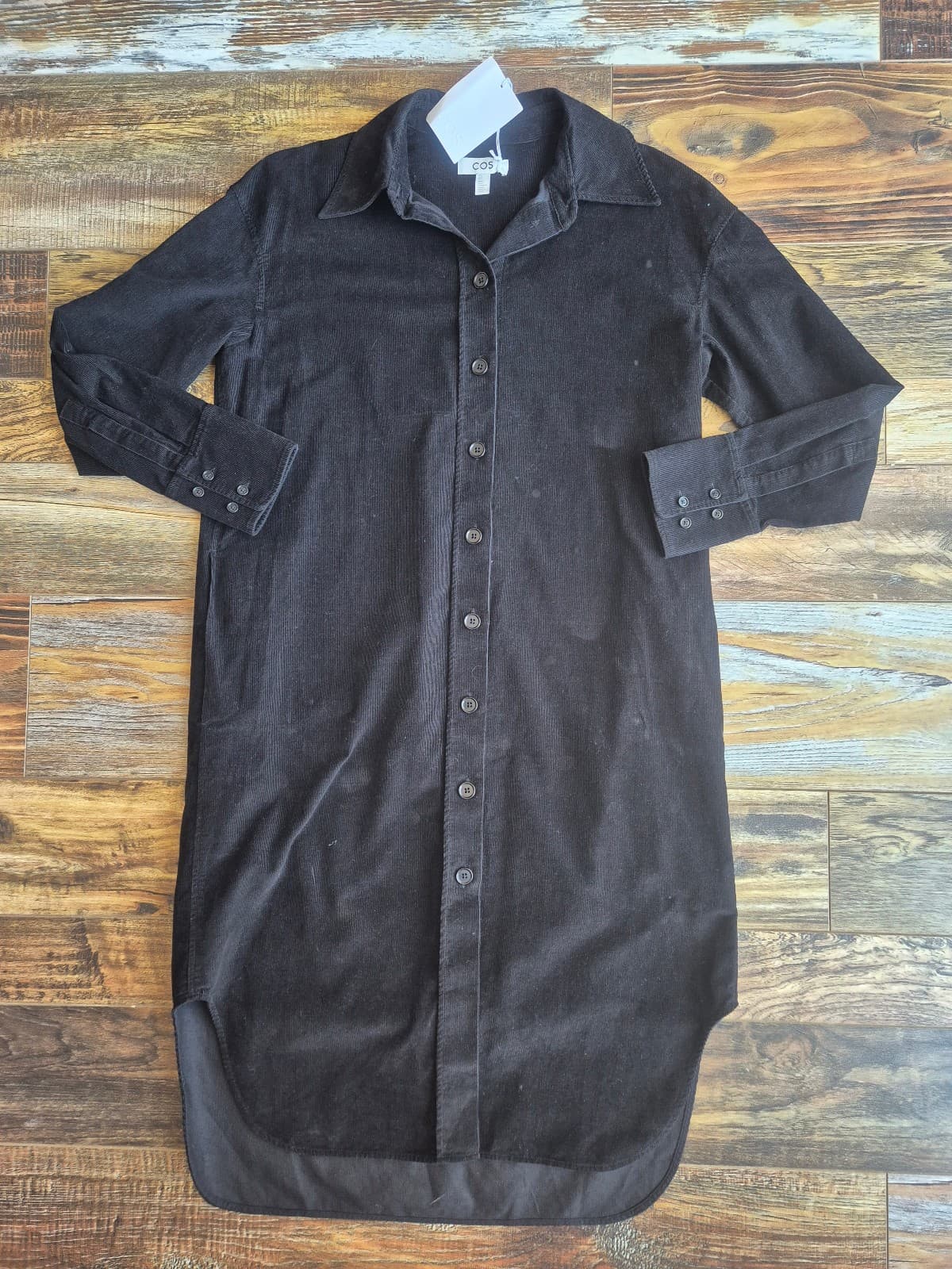 NWT COS Corduroy Button Down Long Sleeve Midi Shirt Dress Pocket Black Women US6