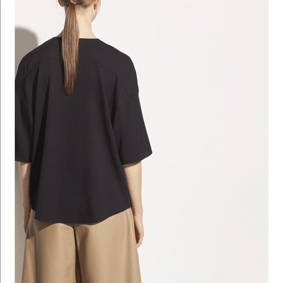 Vince Silk Stretch Satin Popover Tunic Top Short Sleeve V-Neck Black Women's XS - Thumbnail 9