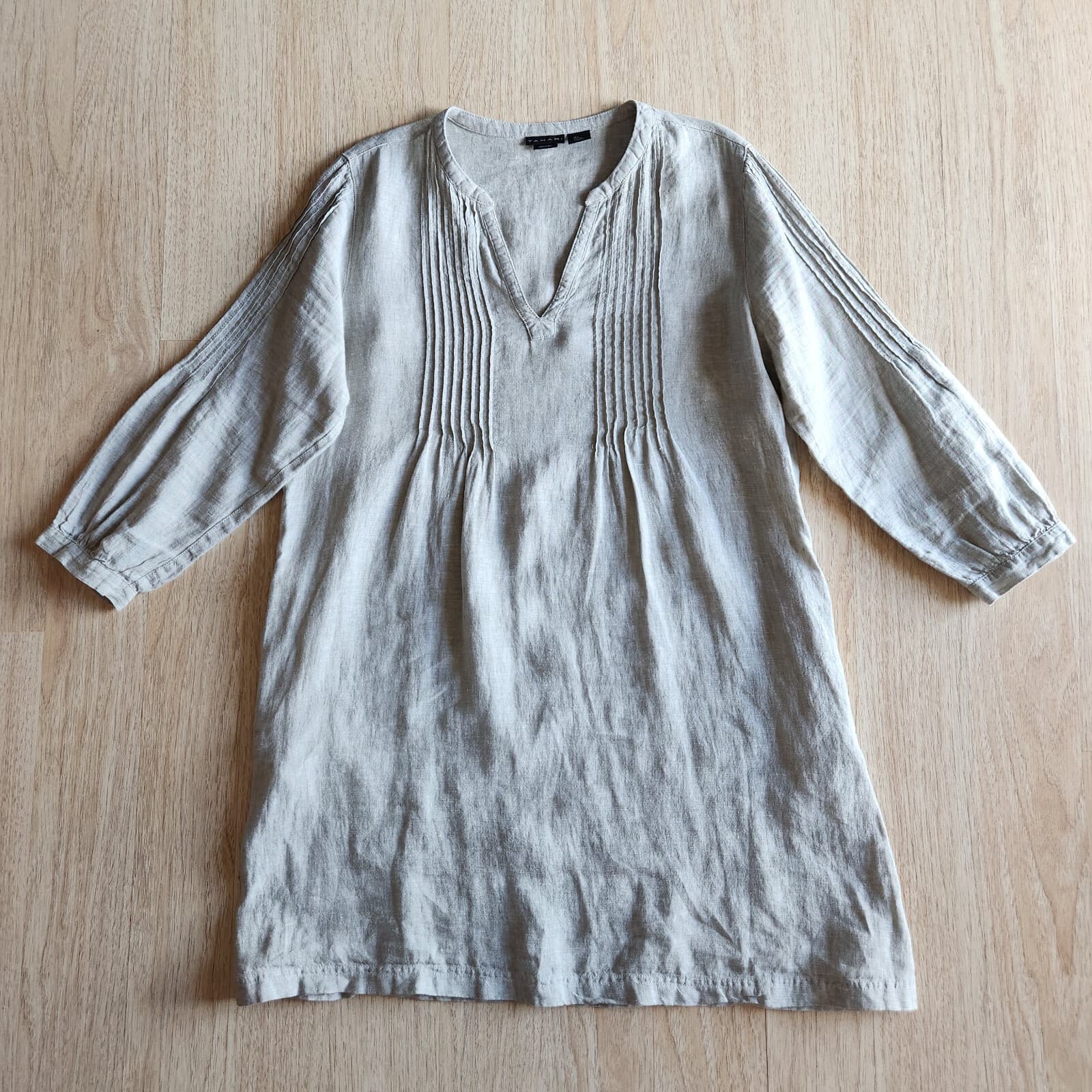 Tahari Linen Pintuck Mini Dress Long Sleeve Split Neck Pocket Cross Dye Grey L - Thumbnail 4