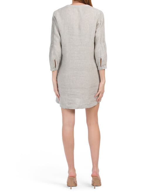 Tahari Linen Pintuck Mini Dress Long Sleeve Split Neck Pocket Cross Dye Grey L - Thumbnail 8
