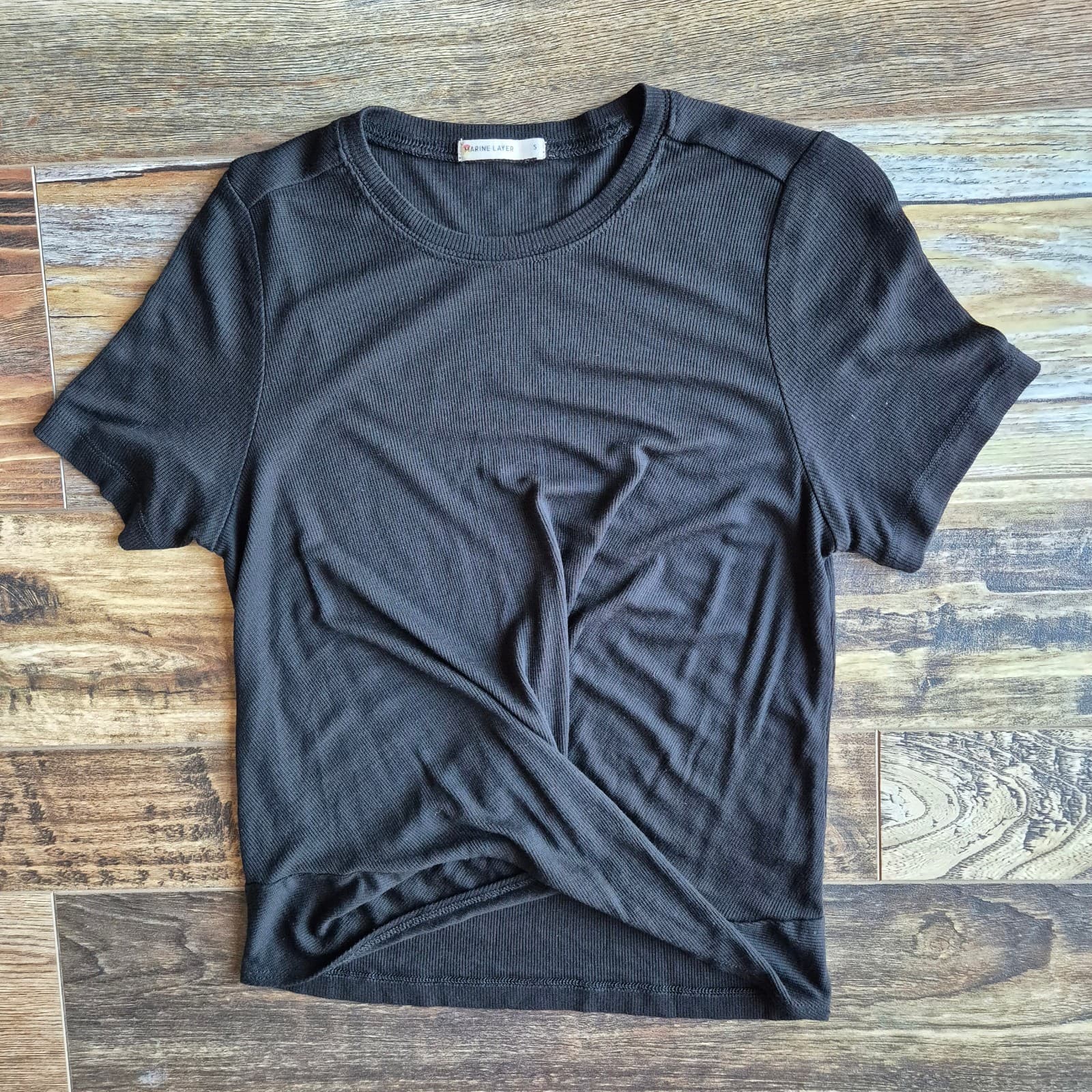 Marine Layer Front Twist Ribbed Knit Crew T-Shirt Short Sleeve Black Women's S - Thumbnail 6