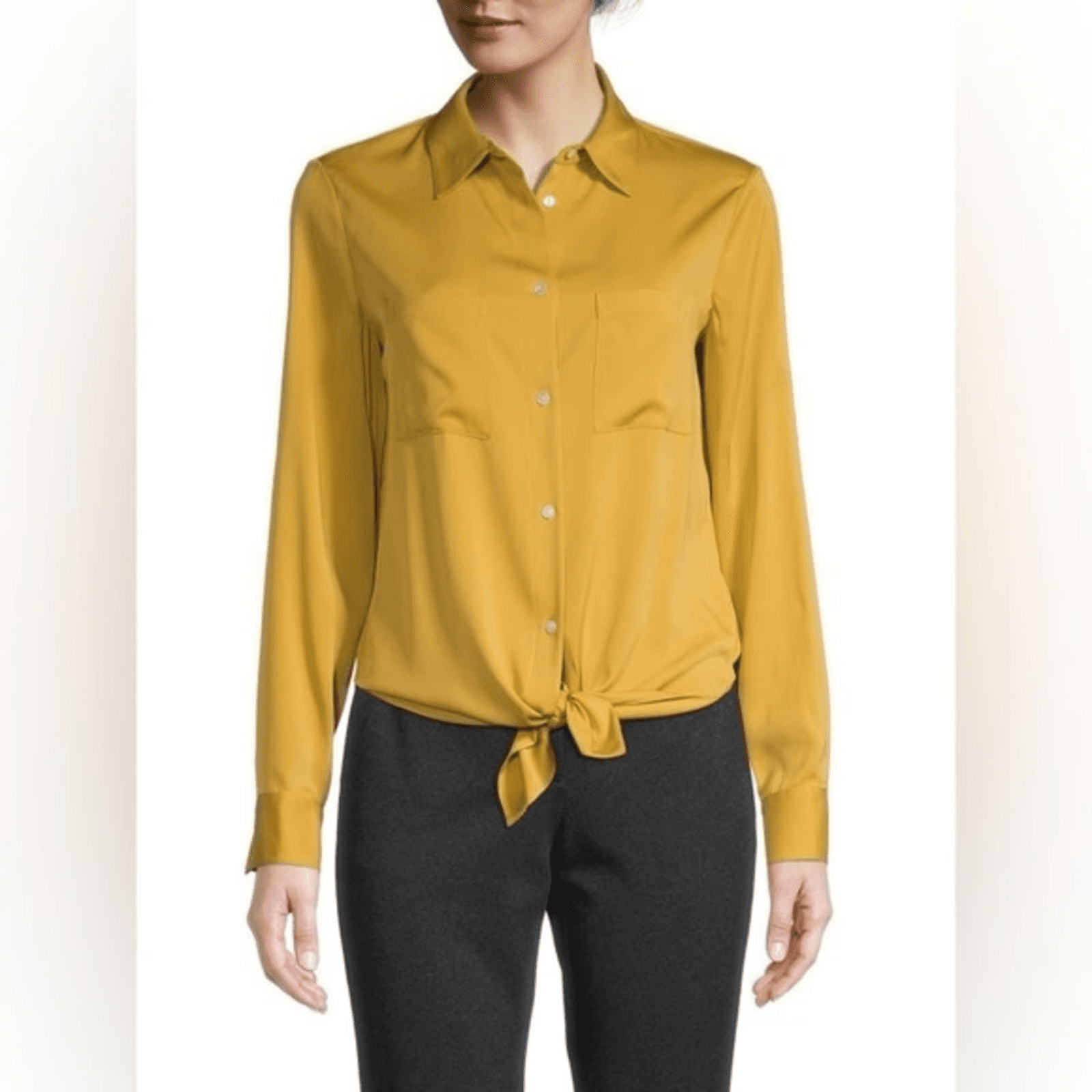 Theory Silk Blend Chiffon Tie-Front Button-Up Shirt Long Sleeve Yellow Women's S - Thumbnail 2