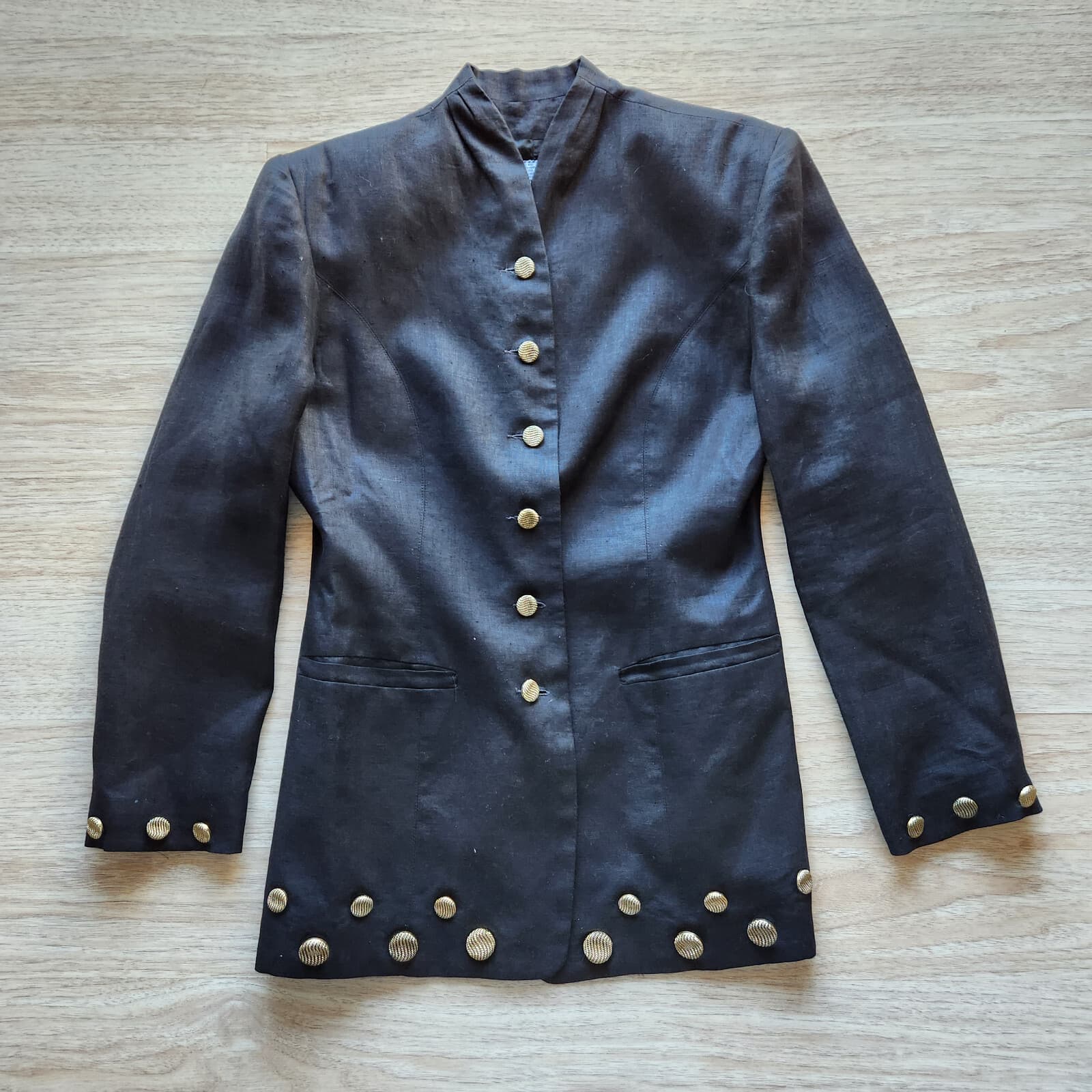 Vintage'80s Comme Par Hasard France Linen Blazer Gold Button Black Women Sz.2 - Thumbnail 3