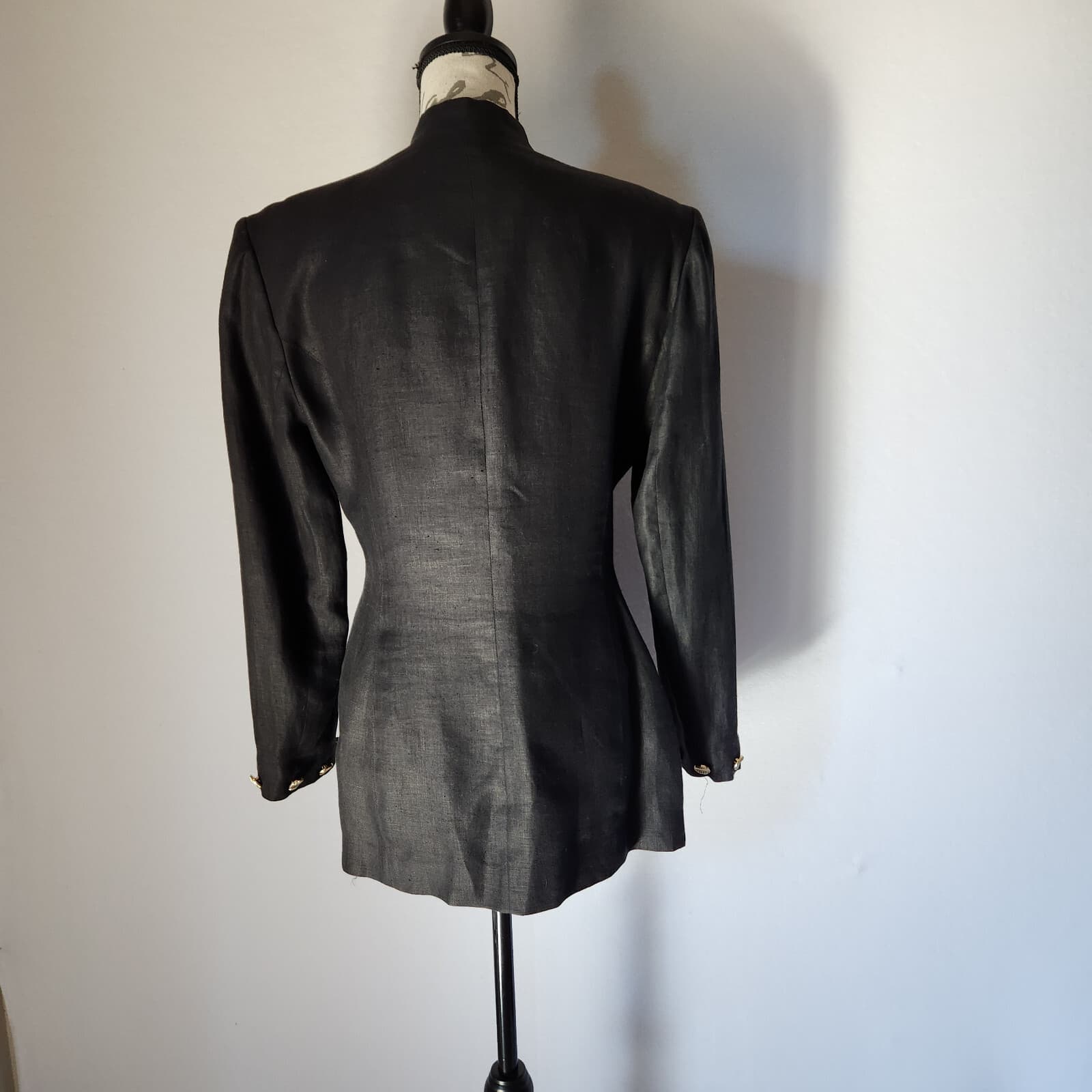 Vintage'80s Comme Par Hasard France Linen Blazer Gold Button Black Women Sz.2 - Thumbnail 5