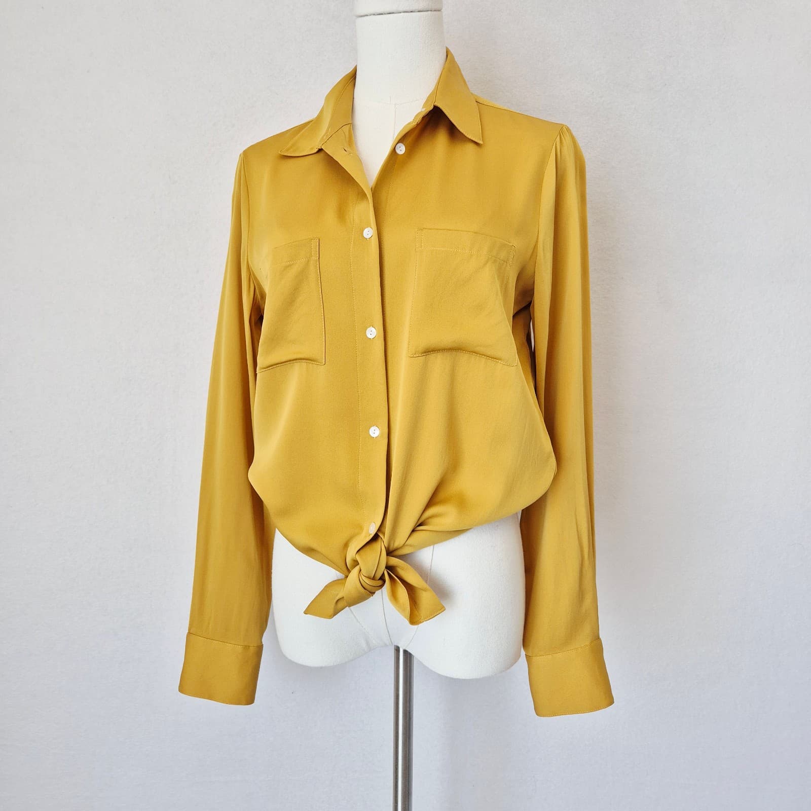 Theory Silk Blend Chiffon Tie-Front Button-Up Shirt Long Sleeve Yellow Women's S