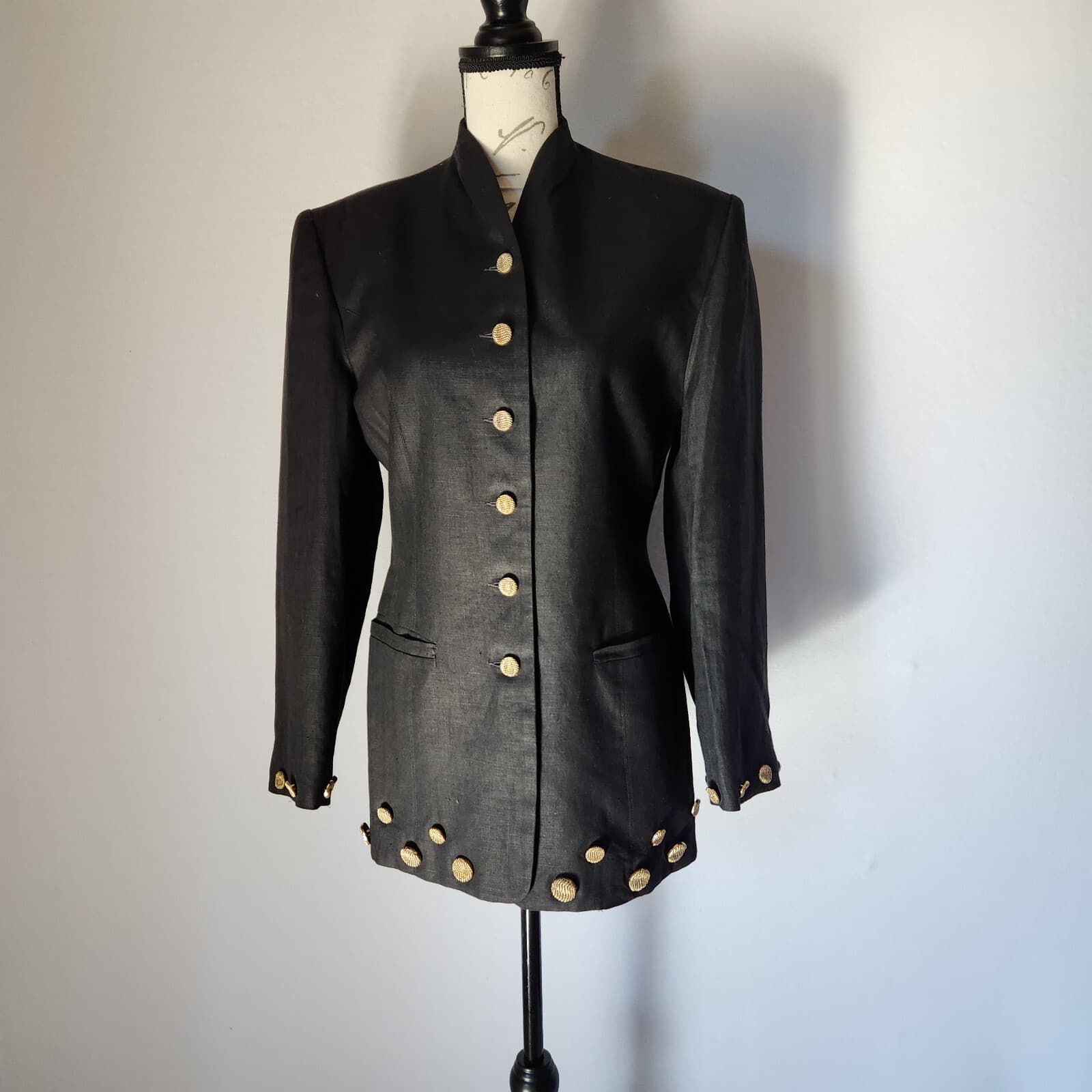 Vintage'80s Comme Par Hasard France Linen Blazer Gold Button Black Women Sz.2 - Thumbnail 2