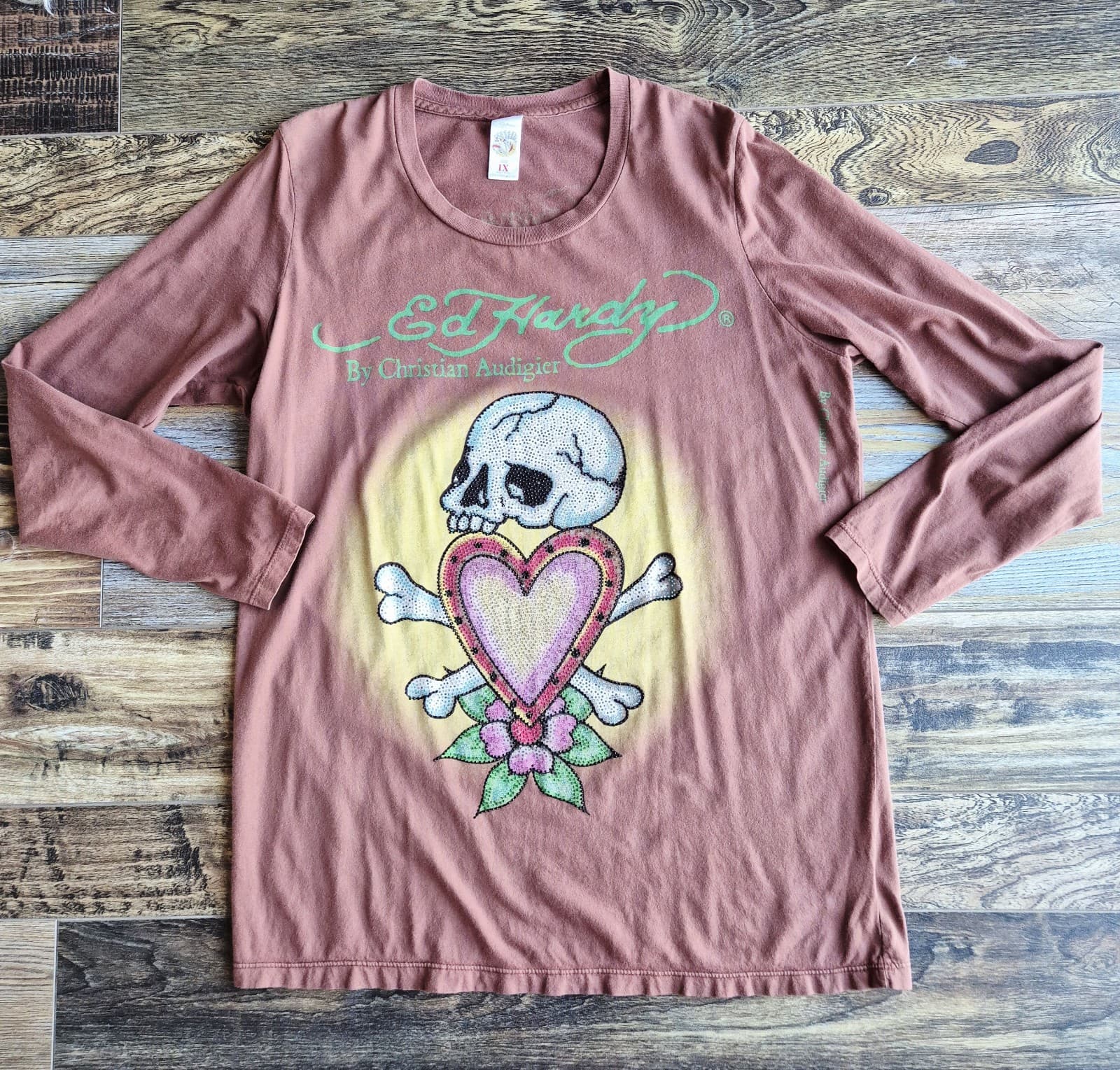 Ed Hardy Christian Audigier Skull Hearth Jeweled T-Shirt Long Sleeve Brown Sz.1X - Thumbnail 3