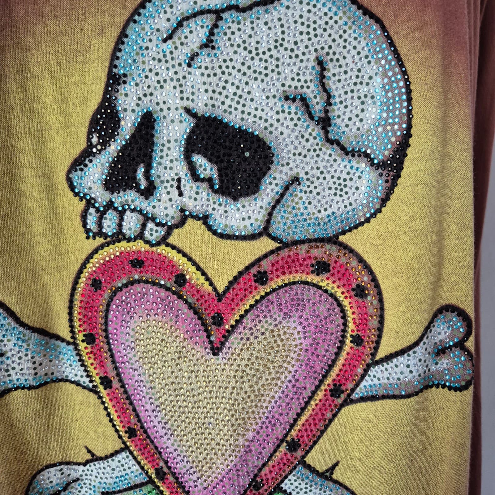 Ed Hardy Christian Audigier Skull Hearth Jeweled T-Shirt Long Sleeve Brown Sz.1X - Thumbnail 4
