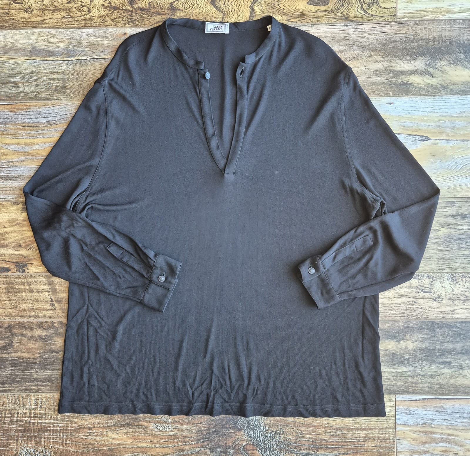 Vintage Gianni Versace Made in Italy Black Jersey Henley Top Long Sleeve Sz.50 - Thumbnail 4