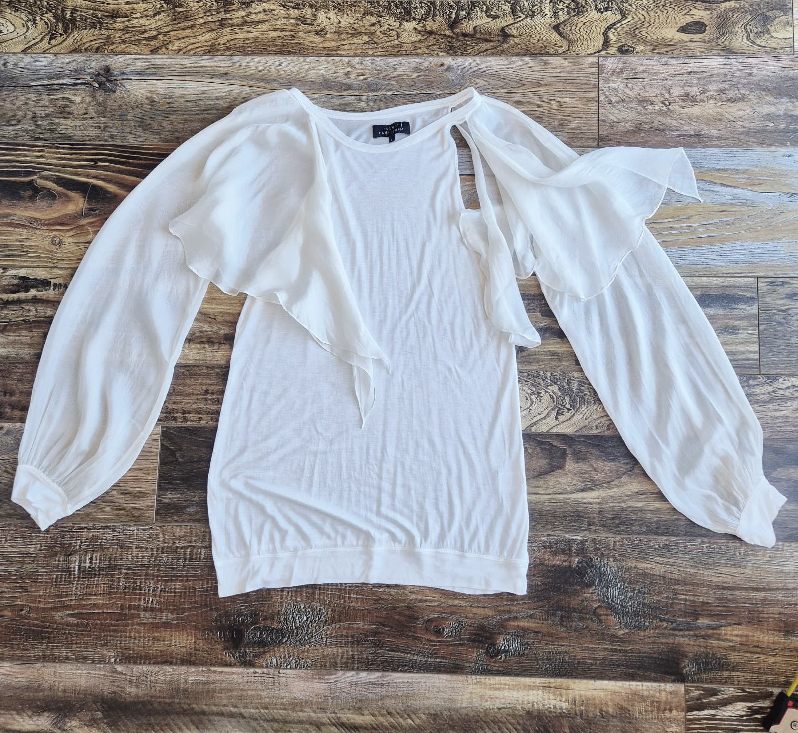 Robert Rodriguez Silk Modal Ruffle Overlay Long Billowy Sleeve Top White Sz.L - Thumbnail 8
