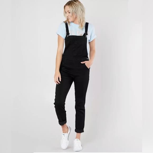 NWT Kancan Mid-Rise Stretch Cuffed Overalls Slim Leg Black Denim Women's L