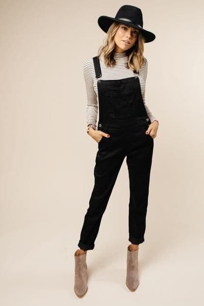 NWT Kancan Mid-Rise Stretch Cuffed Overalls Slim Leg Black Denim Women's L - Thumbnail 3