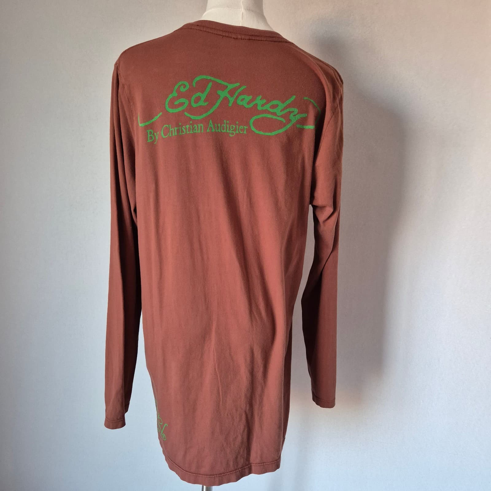 Ed Hardy Christian Audigier Skull Hearth Jeweled T-Shirt Long Sleeve Brown Sz.1X - Thumbnail 7