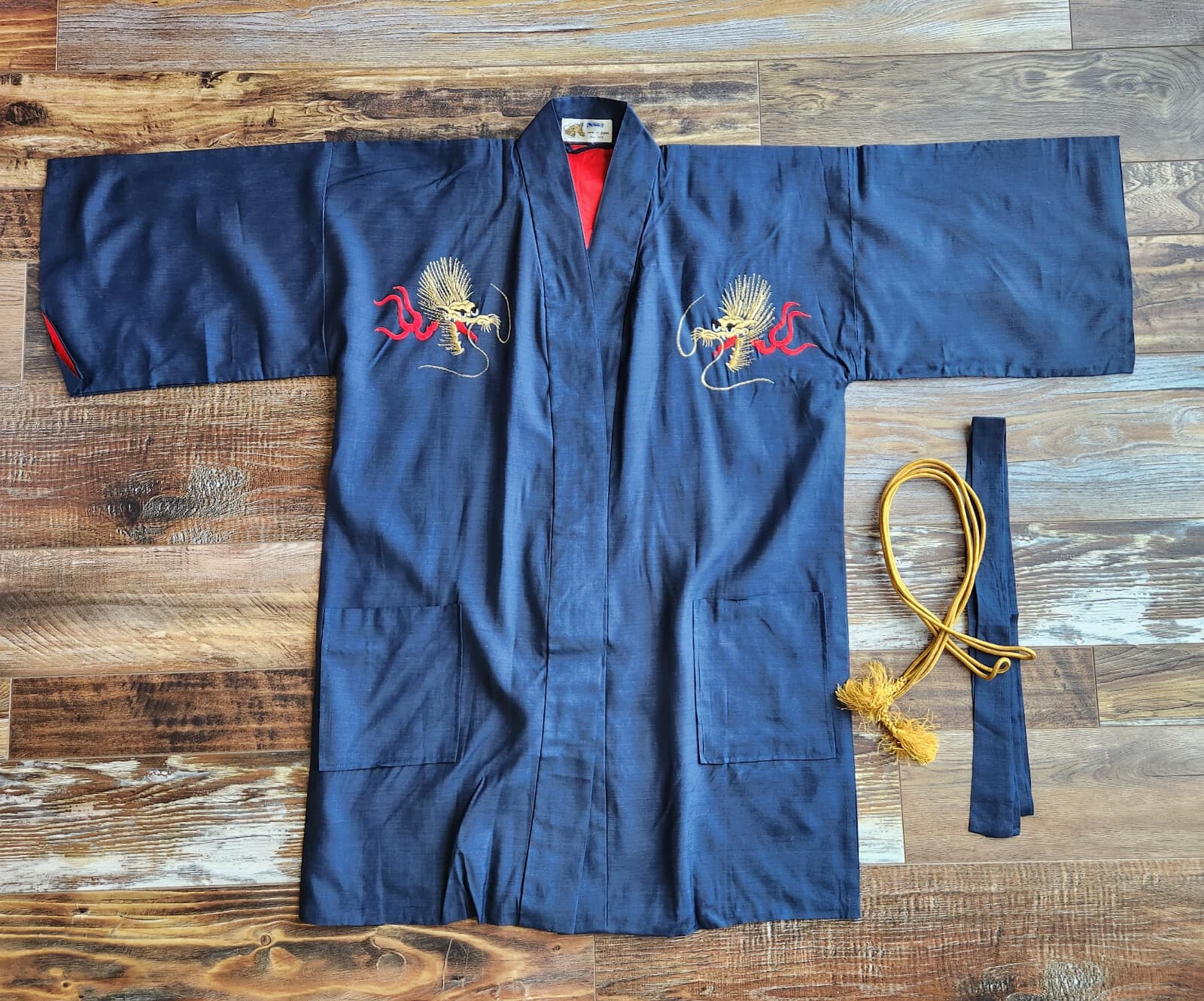 Japanese Dragon Embroidered Silk Kimono Robe Belt Blue Men's O/S Made in Japan - Thumbnail 3