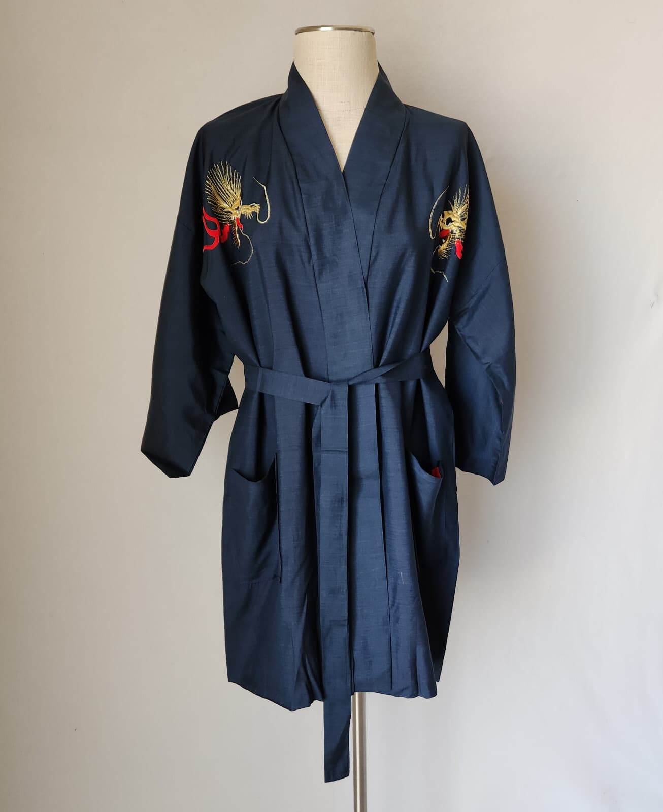 Japanese Dragon Embroidered Silk Kimono Robe Belt Blue Men's O/S Made in Japan - Thumbnail 5