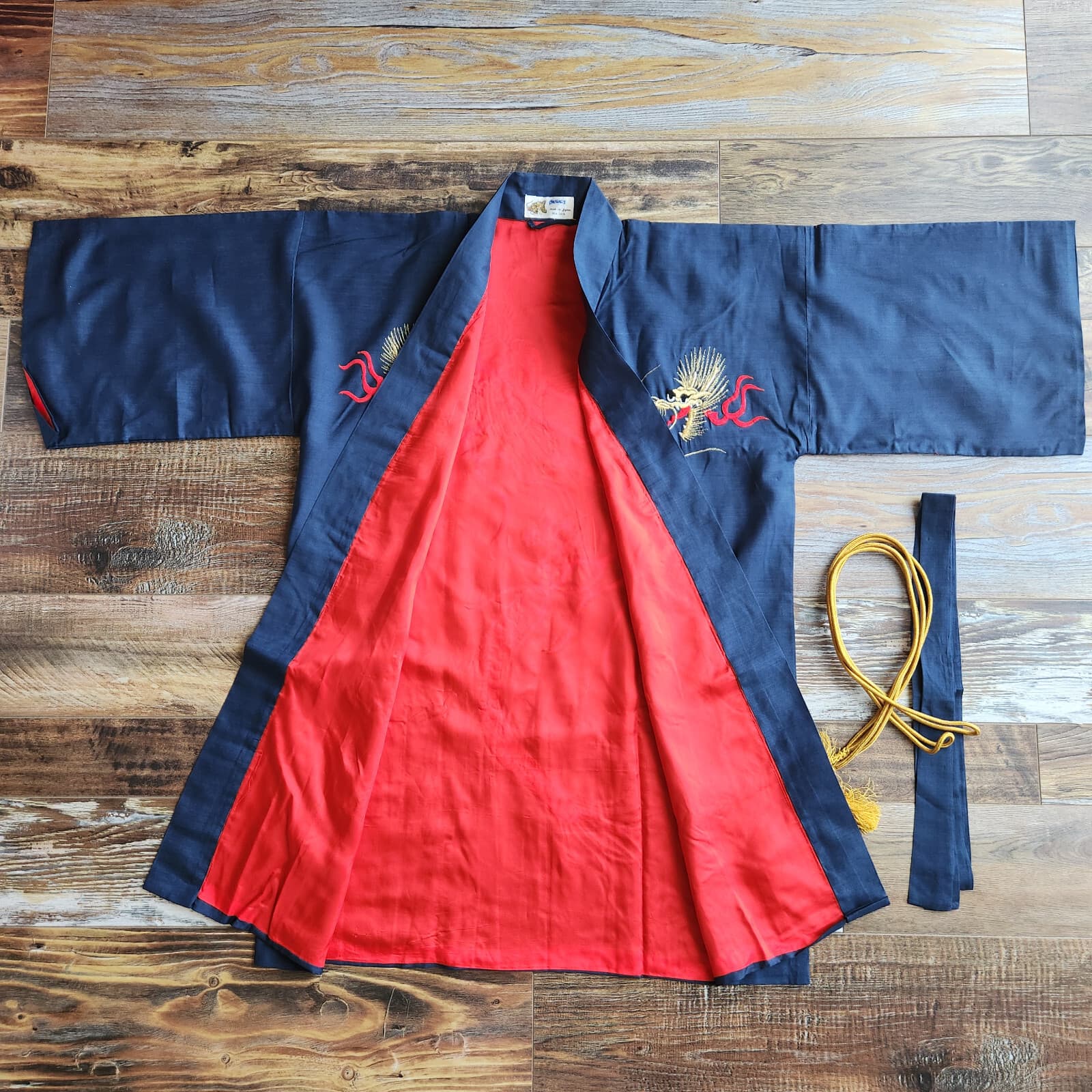 Japanese Dragon Embroidered Silk Kimono Robe Belt Blue Men's O/S Made in Japan - Thumbnail 8